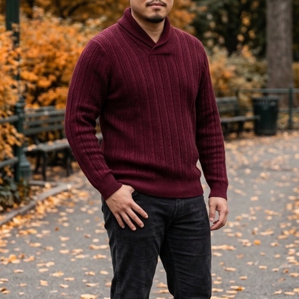Chaps Mens Shawl Collar Cable Knit Cotton Sweater Burgundy Red Large RN41381